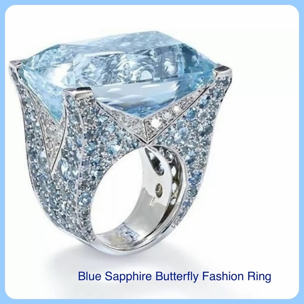Huge Light Blue Sapphire Butterfly Ring Size 8